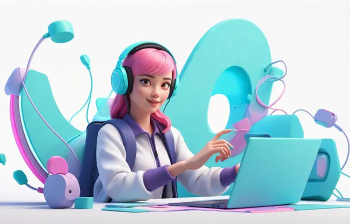 Girl Using Laptop Colorful 3D Picture Cartoon Illustration